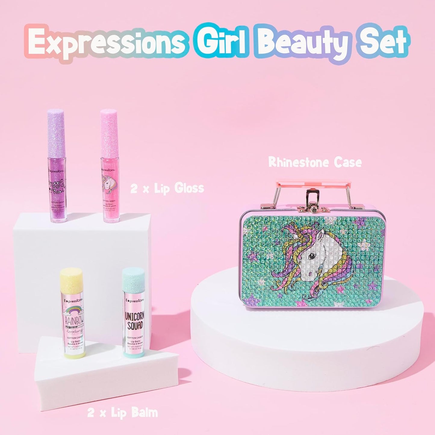 Expressions 5pc Cosmetics Lip Kit For Kids w/Lip Glosses, Lip Balms & Tin Box Storage Case I Believe in Unicorns Rhinestone,Washable + Non Toxic