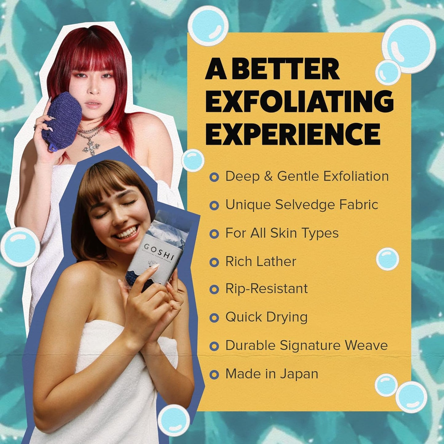 GOSHI Exfoliating Shower Sponge - Rip-Resistant, Rapid-Drying Exfoliating Bath Sponge for All Skin Types - Indigo Blue - Made in Japan