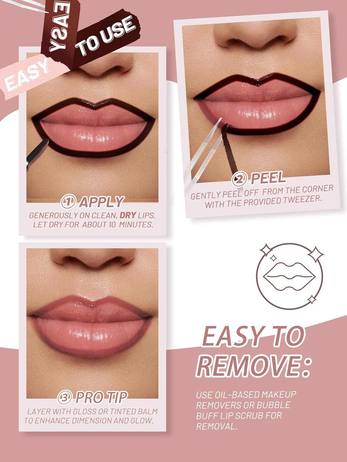 Lip Stain Peel Off Lip Liner Stain with Tweezer, Long Lasting Matte Lip Tint Tattoo, Highly Pigmented Color Lip Makeup, Waterproof Lipstick, Transfer-proof Lipstain for Women, Nude Pink