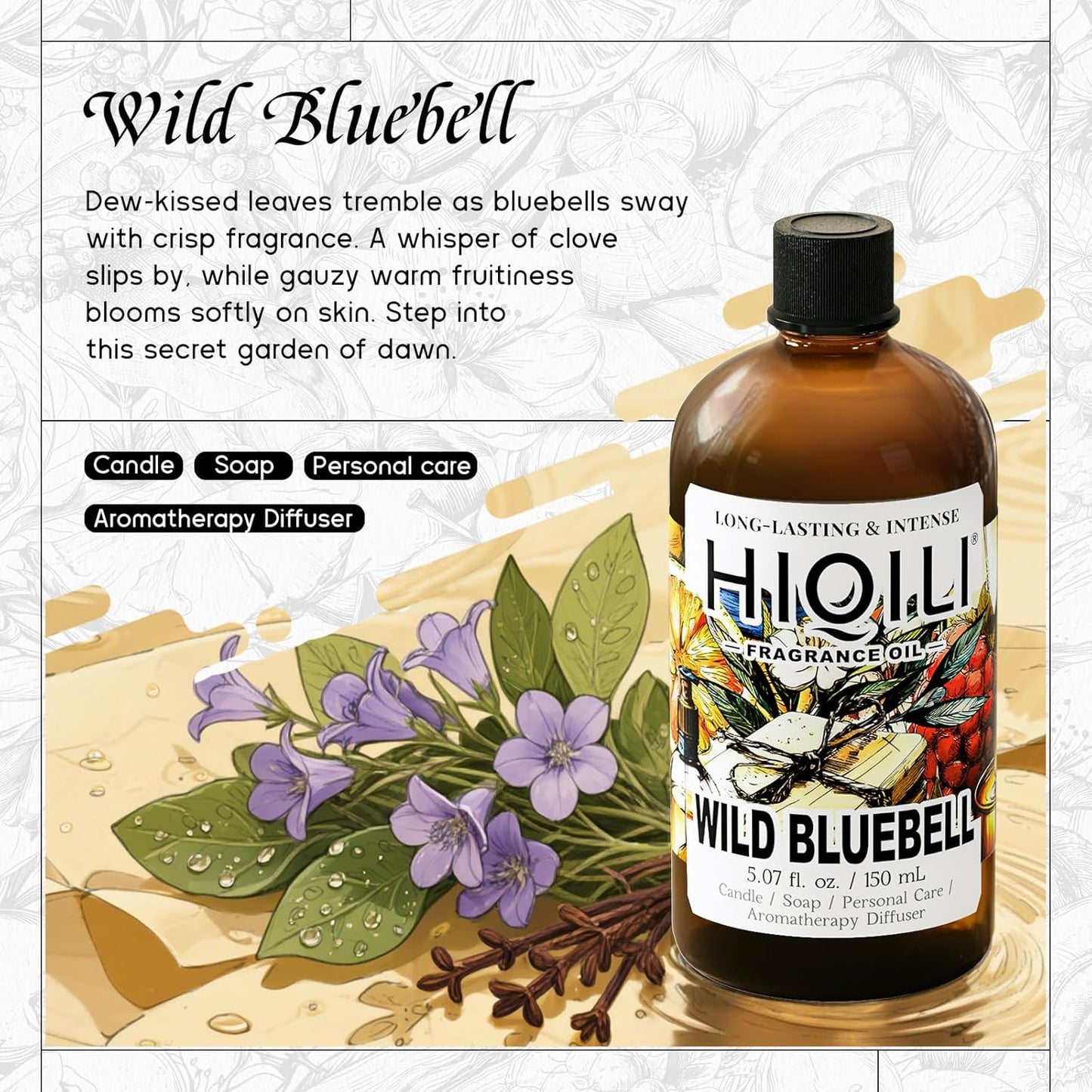 HIQILI Wild Bluebell Fragrance Oil for Candles, Soaps Making, Inspired by J-M.Lone Wild-Blubell, and More DIY Projects, Diffuser, Green Scents for Closets, Drawers - 5.07 Fl Oz