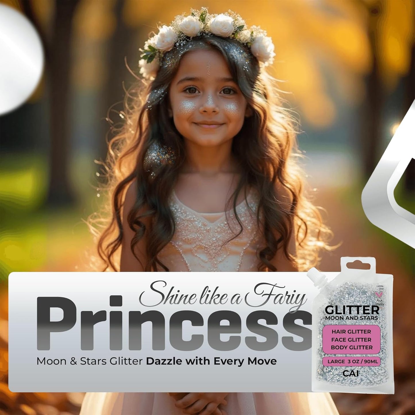 Face, Body & Hair Glitter Gel – Halloween Glitter for Kids and Women – 3 Oz Cosmetic-Grade Gel w/Moon & Stars for Festivals & Halloween Party, Easy Apply & Wash Off - Silver/Gold 2Pack