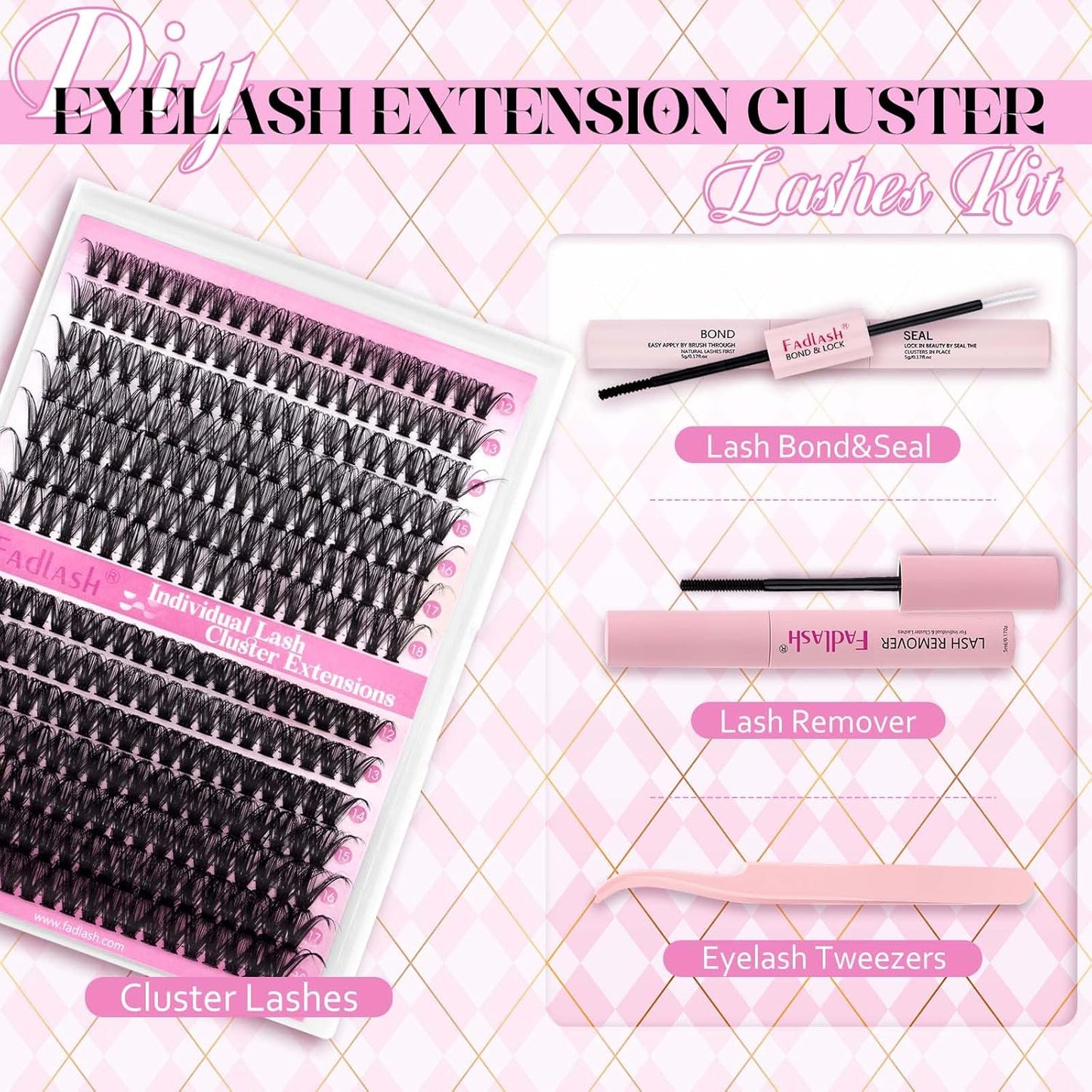 FADLASH Lash Extension DIY Kit Lash Clusters D Curl Cluster Lashes with Lash Bond and Seal Cluster Lashes Glue Remover Lash Tweezers for DIY Eyelash Extension at Home（Kit 40D+50D-0.07D-12-18MIX）