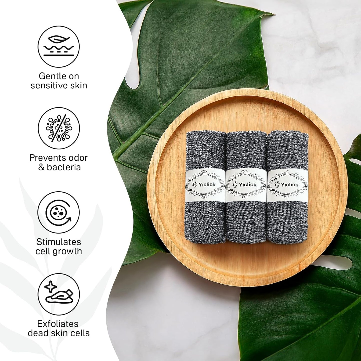 Yiclick Exfoliating Washcloth Towel [3 Pack], Japanese Exfoliating Bath Wash Cloth for Body Exfoliation, Korean Back Scrubber Washer for Shower, African Net Sponge Brush Loofah Exfoliator (Grey)