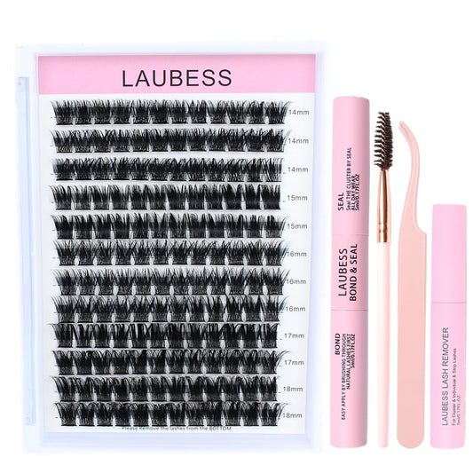 Lash Extension Kit LAUBESS Lash Clusters Kit Cluster Eyelash Extensions Kit Eyelash Clusters Lash Bond and Seal Waterproof Tweezers Brush Lash Glue Remover (Kit 03-D-Mix14-18)