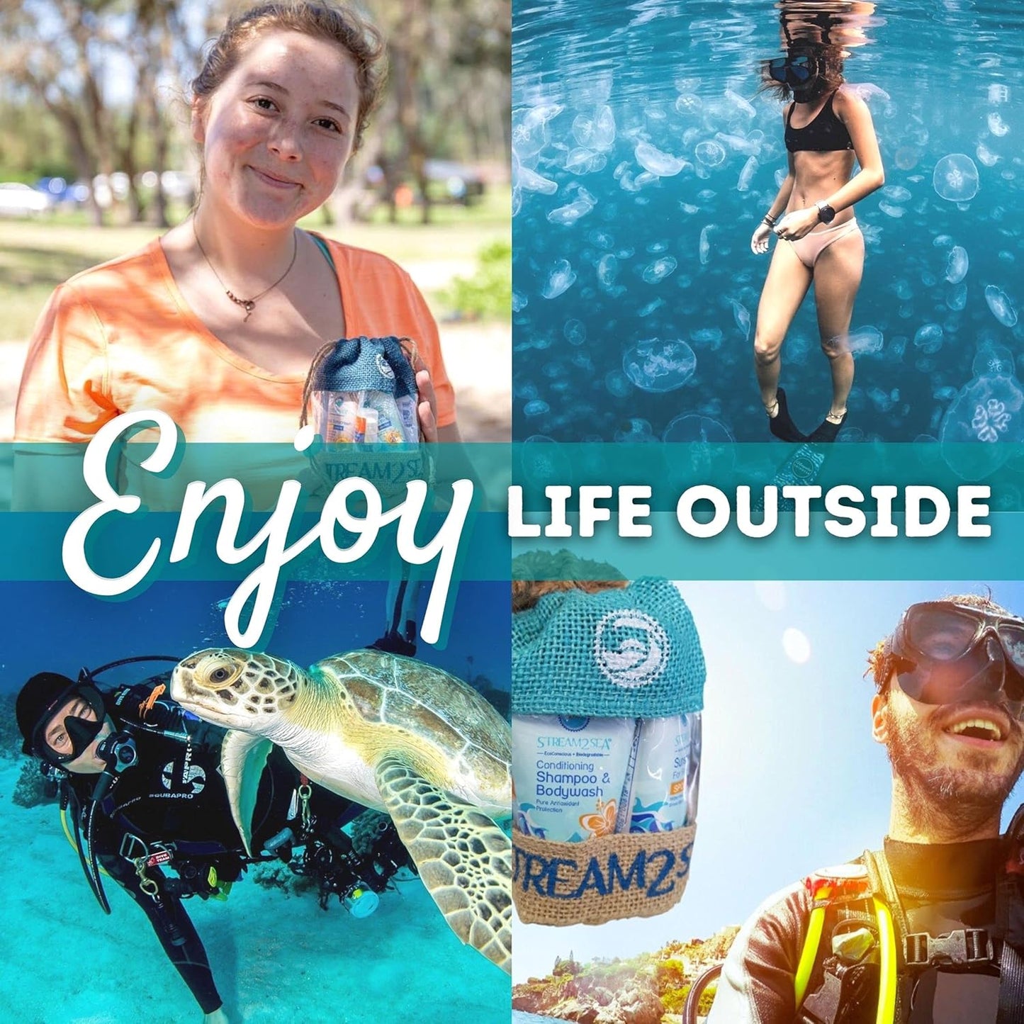 EcoConscious Travel Kit Body & Hair Care Gift Set | Shampoo & Body wash | Conditioner | SPF30, SPF20 and Mineral Sunscreen | SPF 30 Cucumber Mint and Hydrate Cherry Vanilla Lip Balm by Stream2Sea