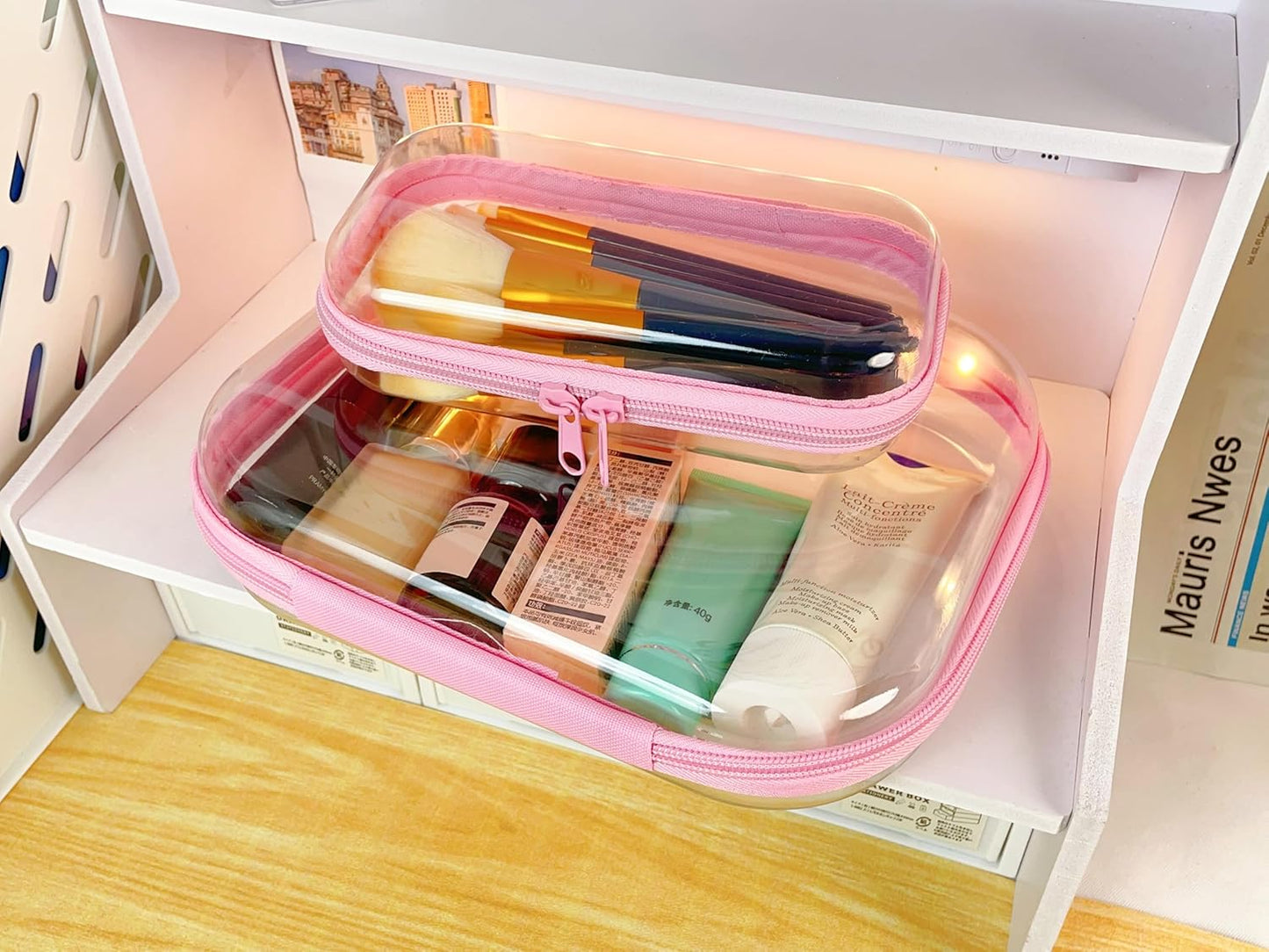 3PCS Clear Zipper Cases, Portable Clear Organizer Pouches for Travel, Double Zippered Hard Shell Plastic Case, Cosmetic Bag for Make Up Tools, Toiletries, Toy Storage (Pink, 1 Pack)