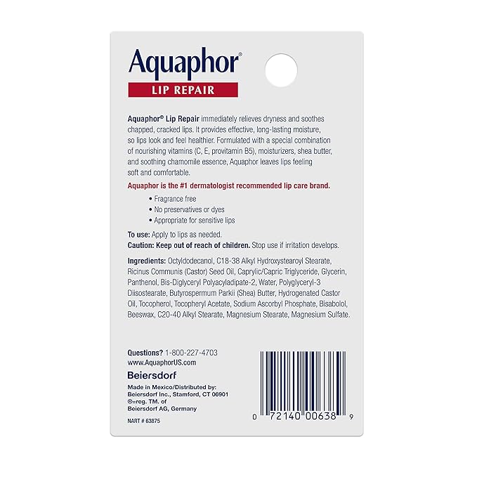 Aquaphor Lip Repair Ointment - Long-lasting Moisture to Soothe Dry Chapped Lips - .35 fl. oz. Tube