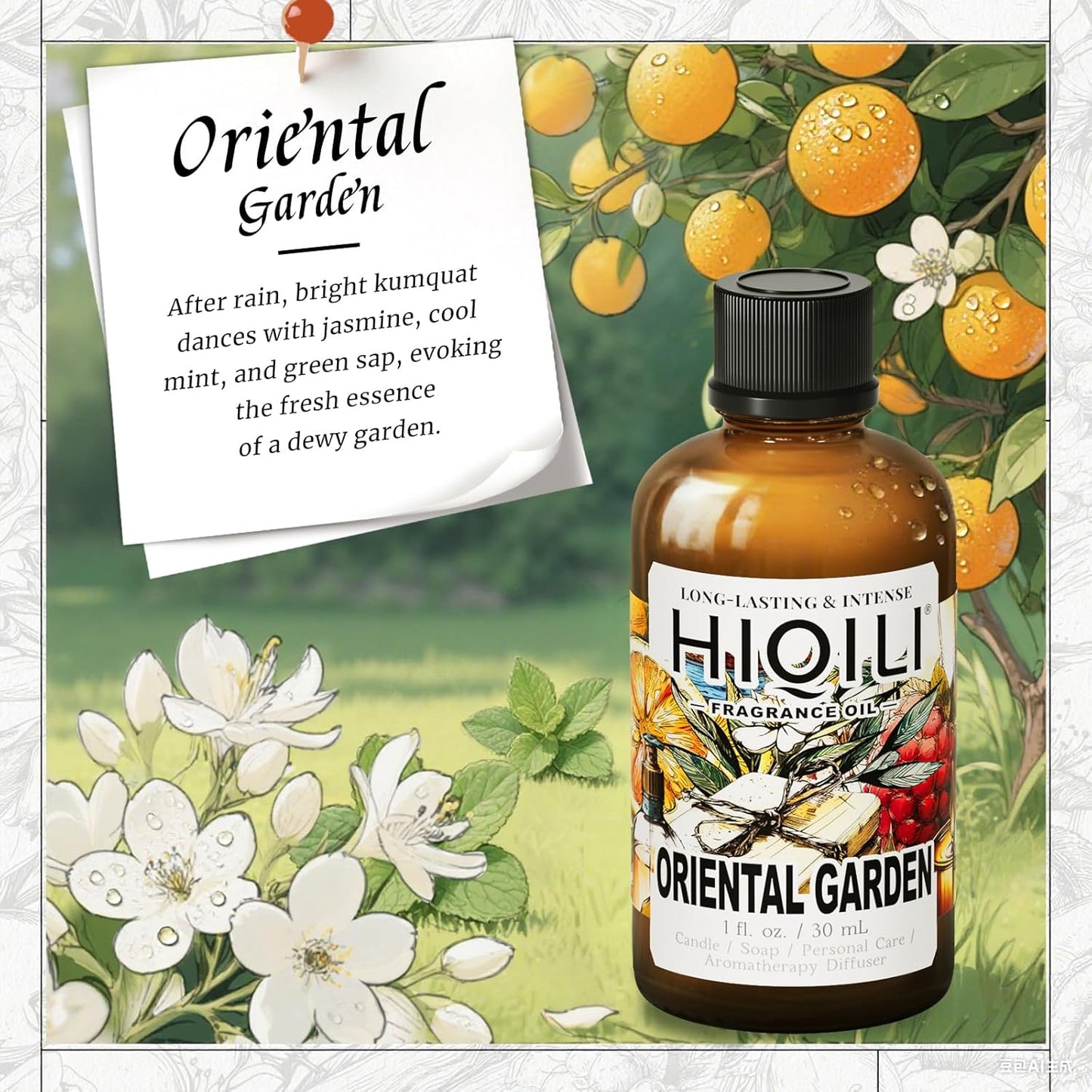 HIQILI Oriental Garden Fragrance Oil for Candle & Soap Making, Inspired by H.er-mes Le-Jrn deMonsr-Li, Luxury Hotel Scents for Essential Oil Diffuser, Aromatherapy - 1 Fl Oz