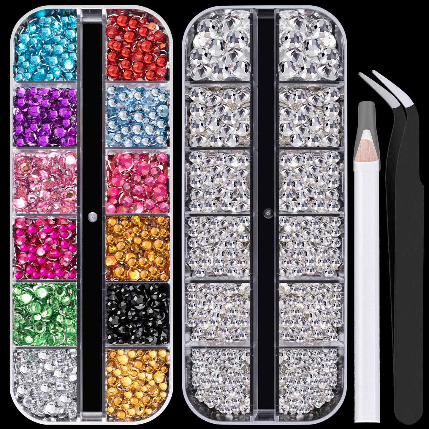Flat Back Rhinestone Kits Colorful Rhinestones+Transparent White Gems With Picker Pencil And Tweezer For Home DIY And Professional Nail Art