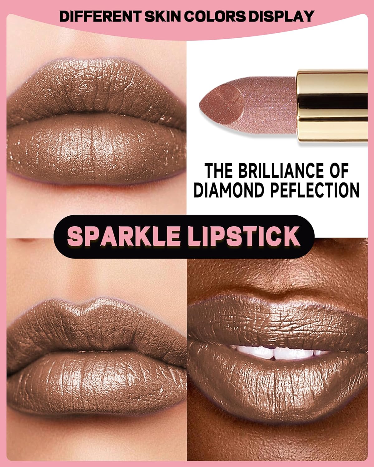 Glitter Metallic Shimmer Lipstick Long Lasting,Glitter Diamond Shine Red Color Matte Lipstick Transfer Proof Non-Stick Lip Gloss Shimmer Highly Pigmented Full Coverage Lip Makeup for Women-01