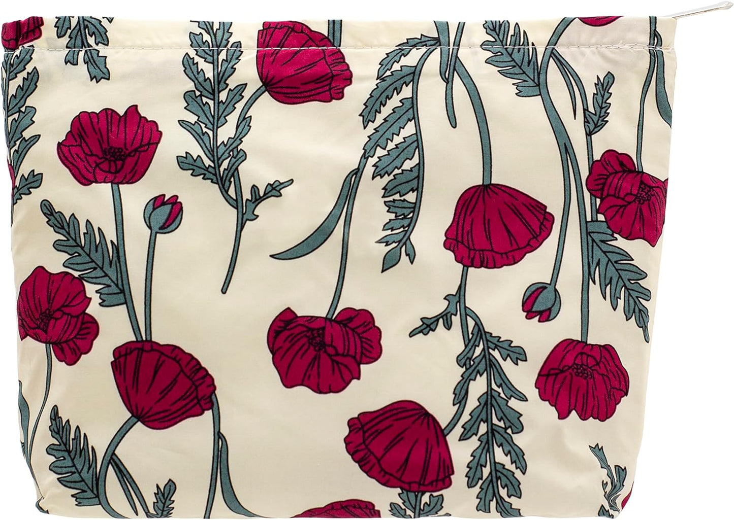 PAZIMIIK Floral Makeup Bag Large Cotton Zipper Pouch for Purse Travel Canvas Make Up Organizer for Women Cosmetic,Poppy Beige