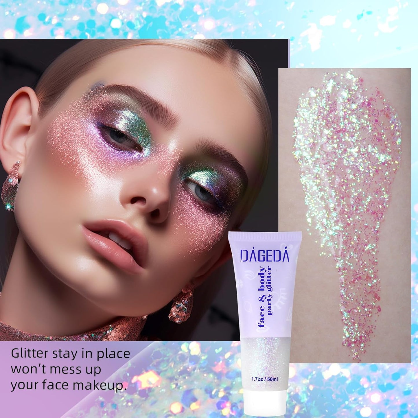 DAGEDA Body Glitter Gel, Holographic Face Glitters Body Gel Shimmer Liquid Eyeshadow, Color Changing Glitter for Face Hair Nails, Glitter Under Light Festival Glitter Makeup 1.7oz (Neno Pink)