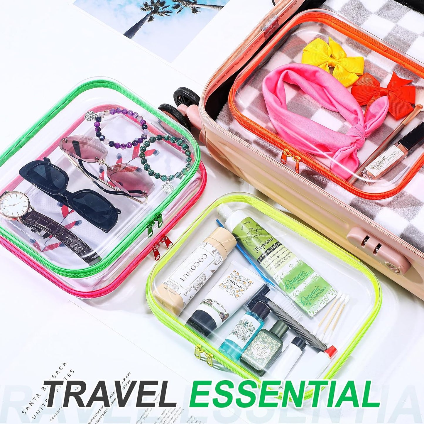 Hoolerry 4 Pcs Hard Clear Zipper Case Makeup Bags Plastic Pencil Pouch Transparent Storage Box Containers for Cosmetics, Snacks, Building Blocks, Puzzles(Fluorescent,9.8 x 7.9 x 2 in)