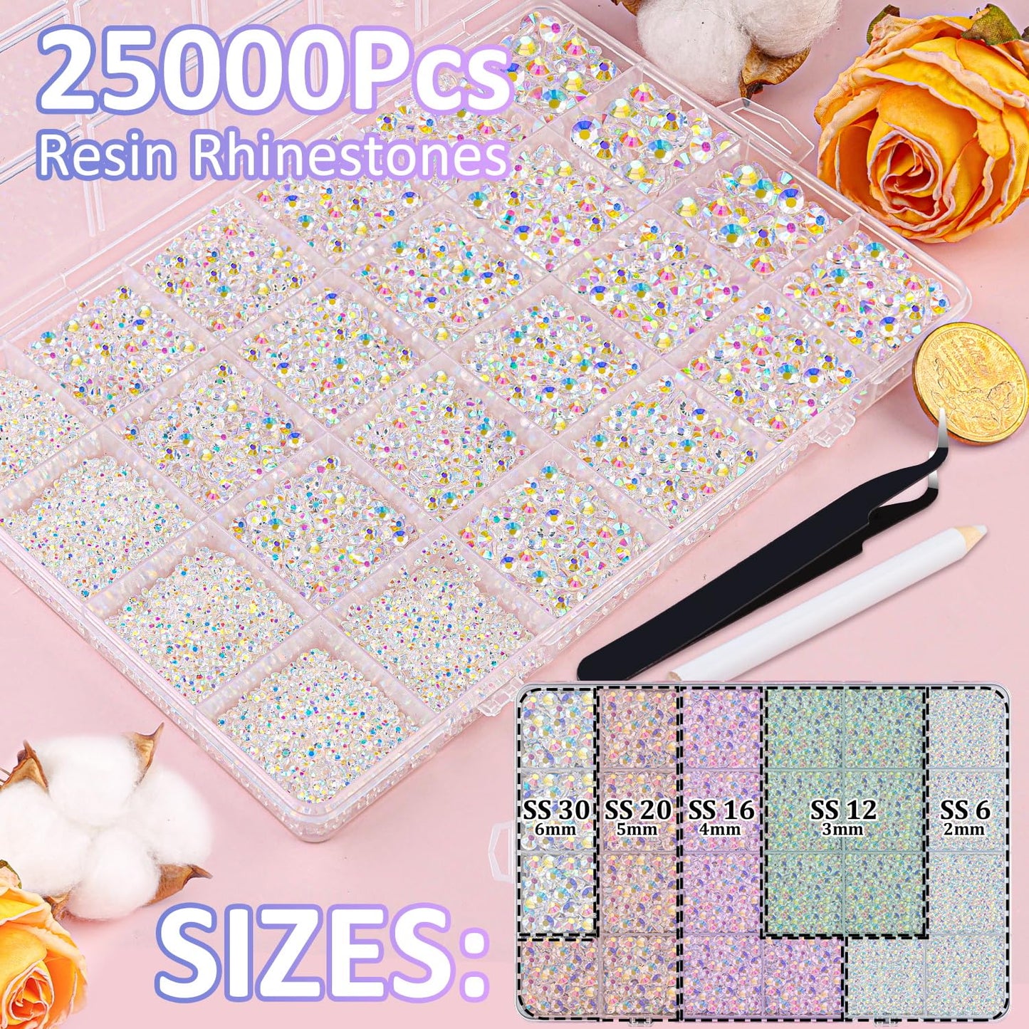 25000Pcs Resin Jelly Rhinestones for Crafting, Transparent AB 2-6mm Mixed Sizes Non Hotfix Flatback Gems, Bedazzling Crystal for DIY Crafts Clothing Tumblers Mugs Shoes Fabric Nail Art