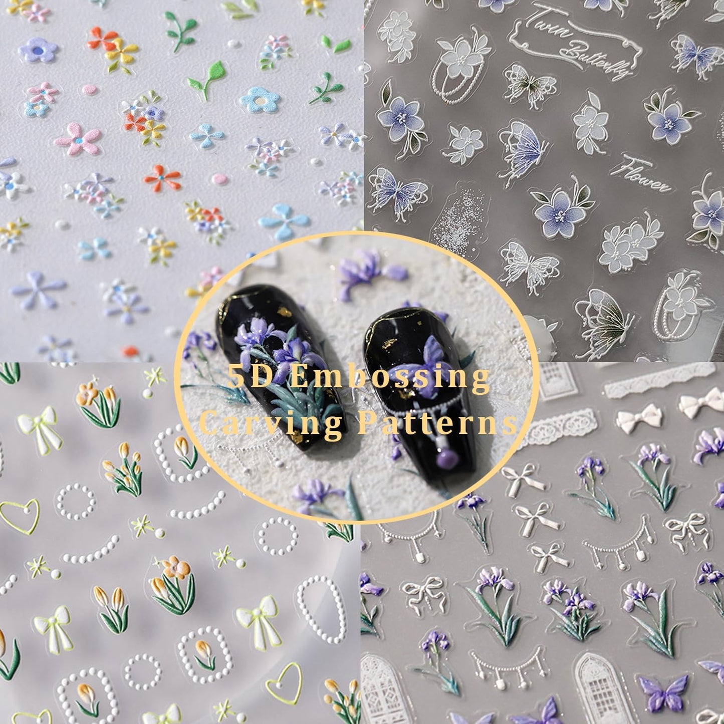 5D Embossed Flower Nail Stickers for Nail Art Summer Floral Leaf Nail Art Stickers Self-Adhesive Cute Nail Decals Supplies Design Sticker(1, Colorful Flower)