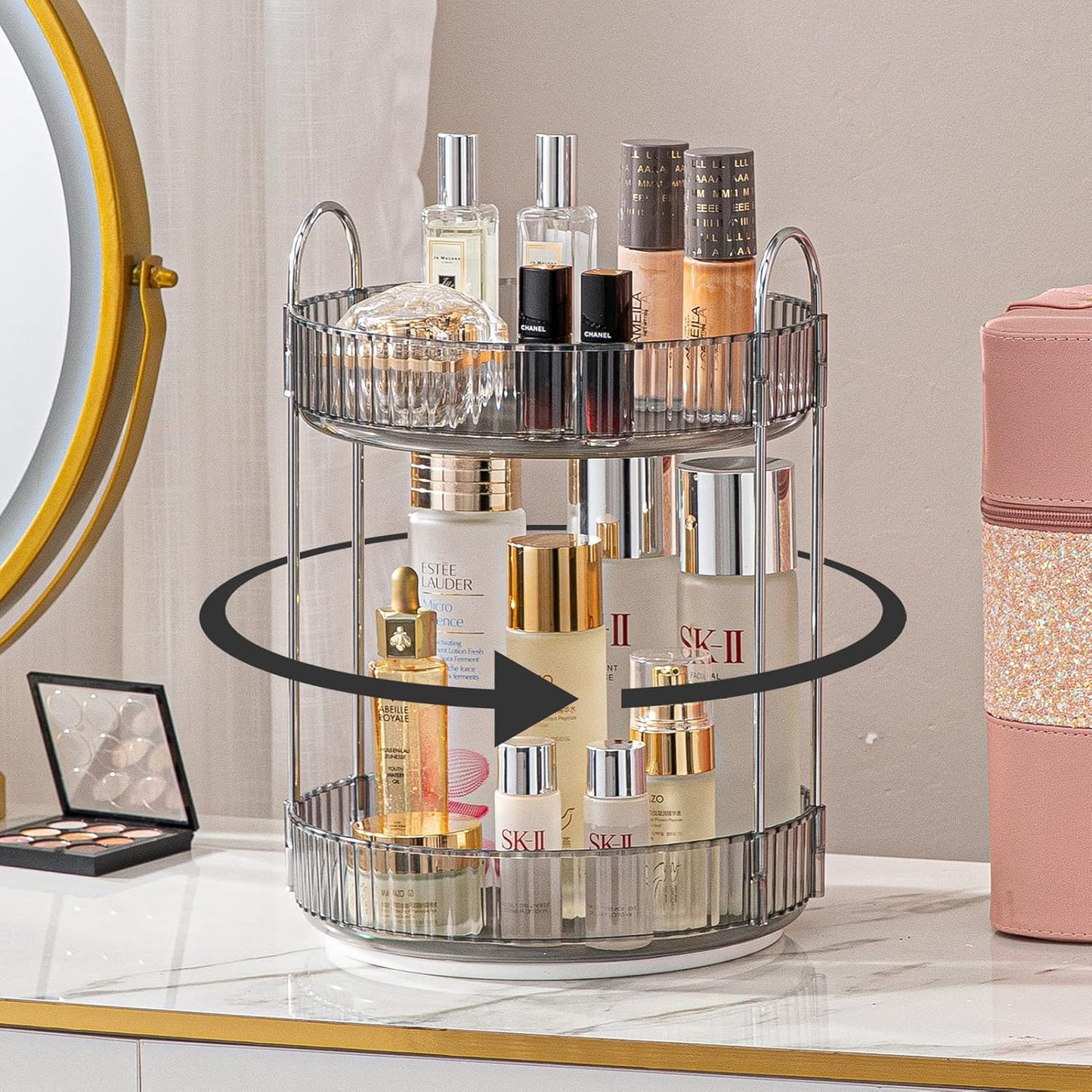 Rotating Makeup Organizer for Vanity, High-Capacity Skincare Clear Make Up Storage Perfume Organizers Cosmetic Dresser Organizer Countertop 360 Spinning (Gray, 2 Tier)