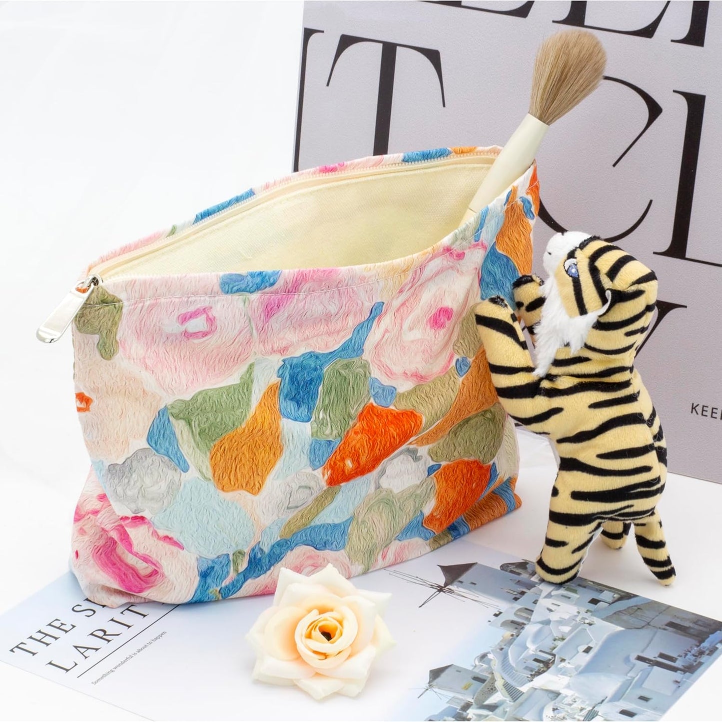 PAZIMIIK Floral Makeup Bag Large Cotton Zipper Pouch for Purse Travel Canvas Make Up Organizer for Women Cosmetic,Garden Orange