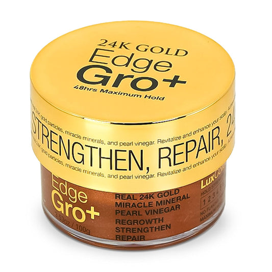 Edge Lux Edge Gro+ Real 24K Gold Repairing Edge Control Gel with Castor Oil, Biotin, Miracle Mineral, and Pearl Powder - Strengthening Hair Gel for All Hair Types, 3.53 Ounce