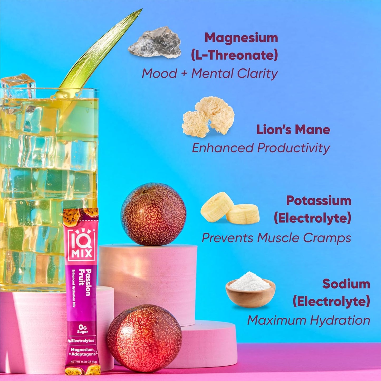 IQMIX Hydration Electrolyte Powder – 4-in-1 Formula for Hydration, Mental Clarity, Mood and Recovery – Sugar-Free Drink Mix, Keto, Magnesium L-Threonate, Lion’s Mane – 40 Count Passion Fruit