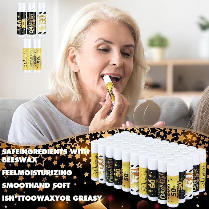 50 Sets Birthday Favors Lip Balm Gifts Bulk Moisturizing Lip Balm with 50 Organza Drawstring Gift Bag 50 Tags Birthday Party Supplies Gifts Bulk for Men and Woman (50th Birthday)