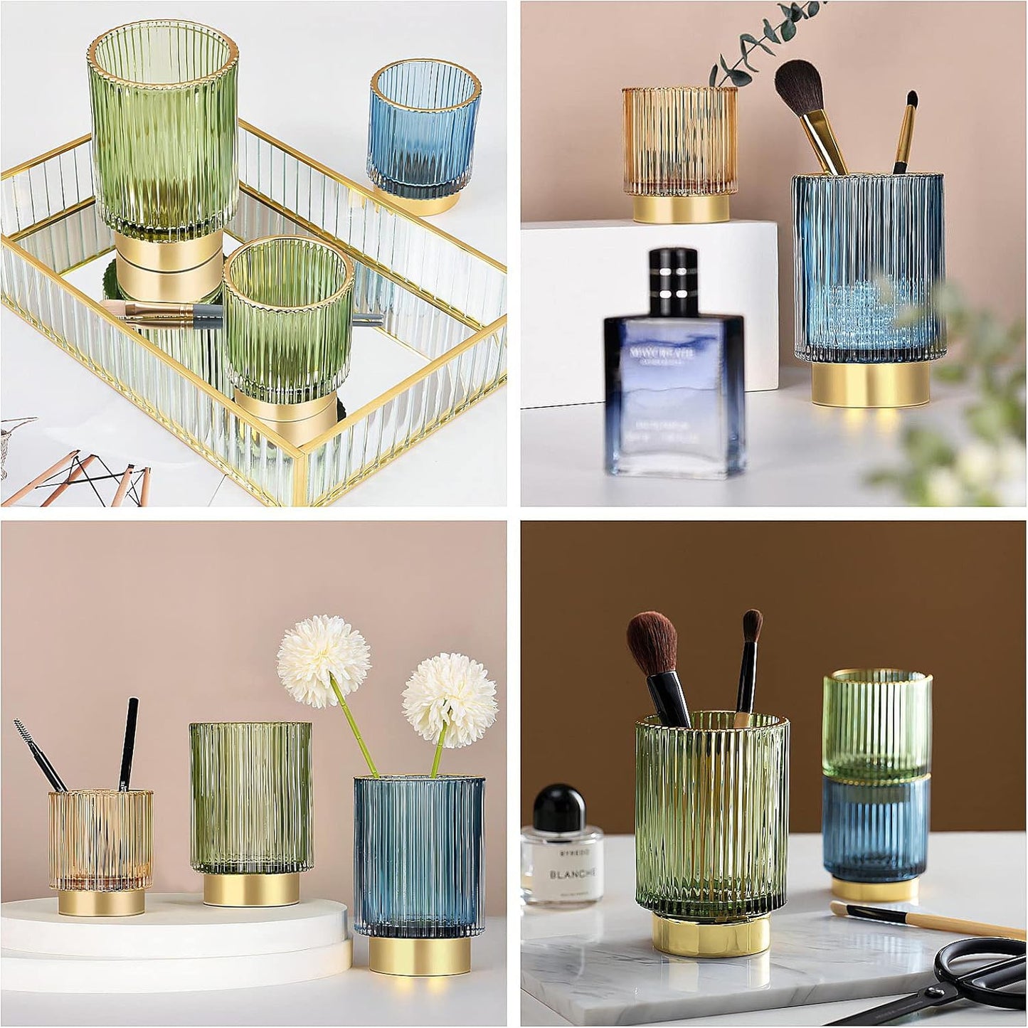 DASITON Makeup Brush holder Organizer,Crystal Cosmetic Makeup Brush Glass Brushes Storage Holder, Vintage Make Up Brush Cup Pen Pencil Holder striped vase(Blue S)