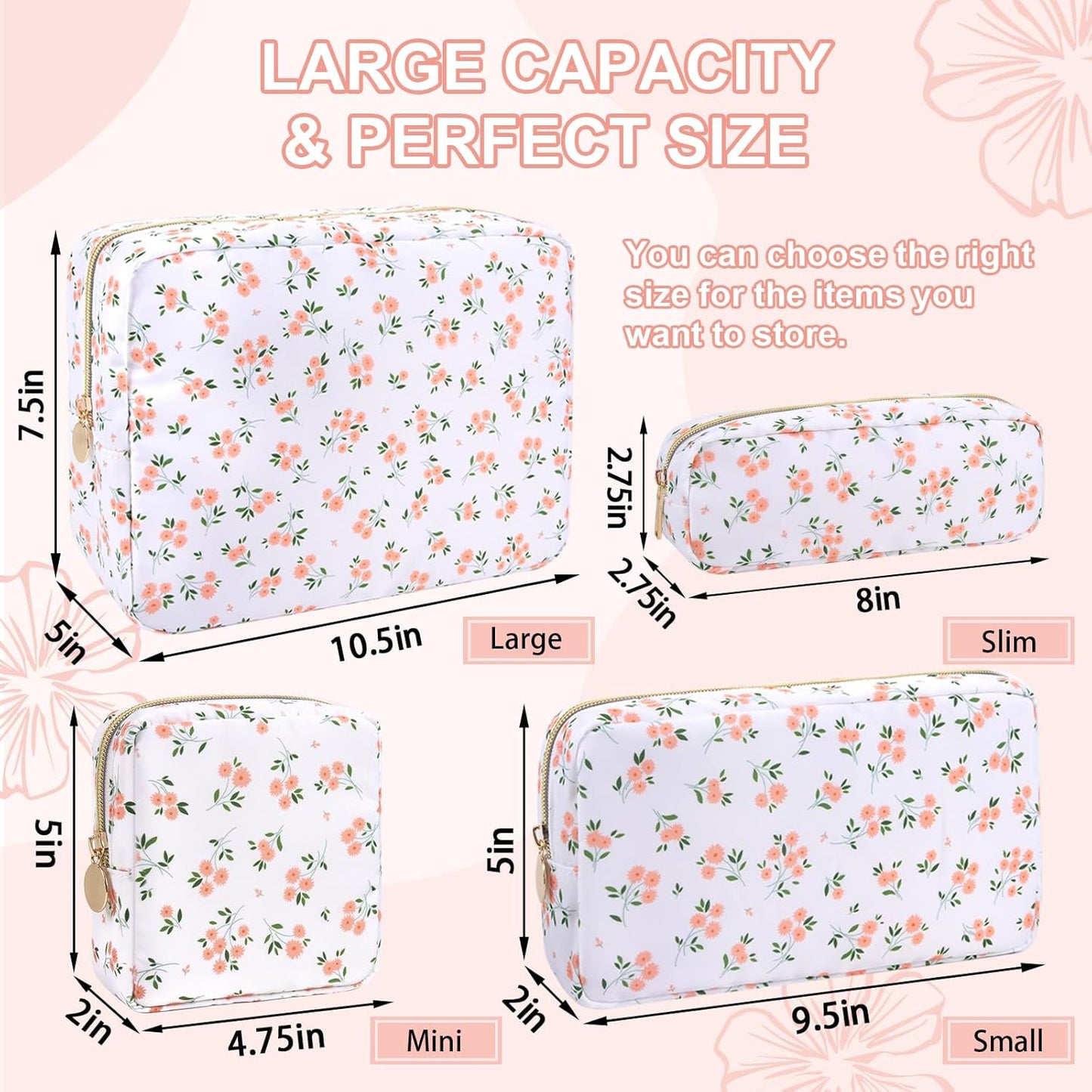 Waterproof Mini Floral Makeup Bag Pouch for Purse,Nylon Flower Cosmetic Travel Bag Small Preppy Toiletry Organizers Bag for Women Girl,Cute Zipper Pouch Coin Purse for Work(Mini White-Flowers)