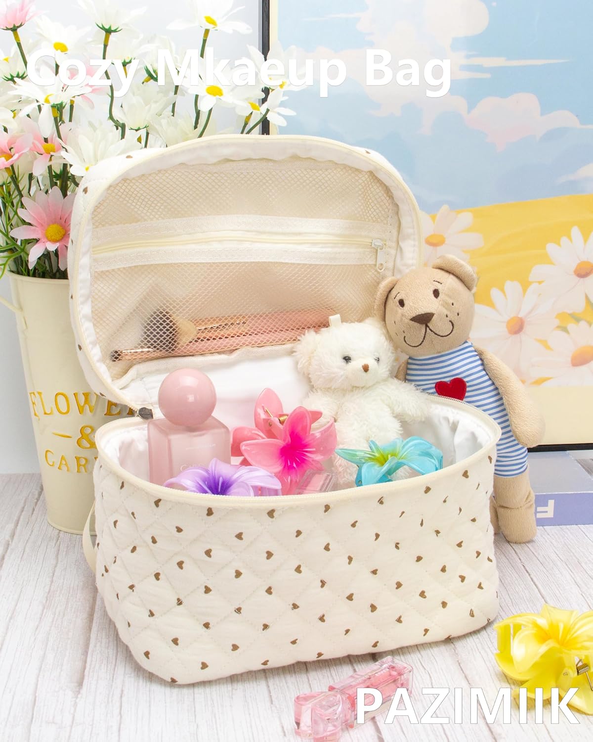 PAZIMIIK 3PCS Makeup Bag SET Large Travel Quilted Zipper Soft Cosmetic Case Pouch for Women Girls Make Up,Gauze Heart Coffee