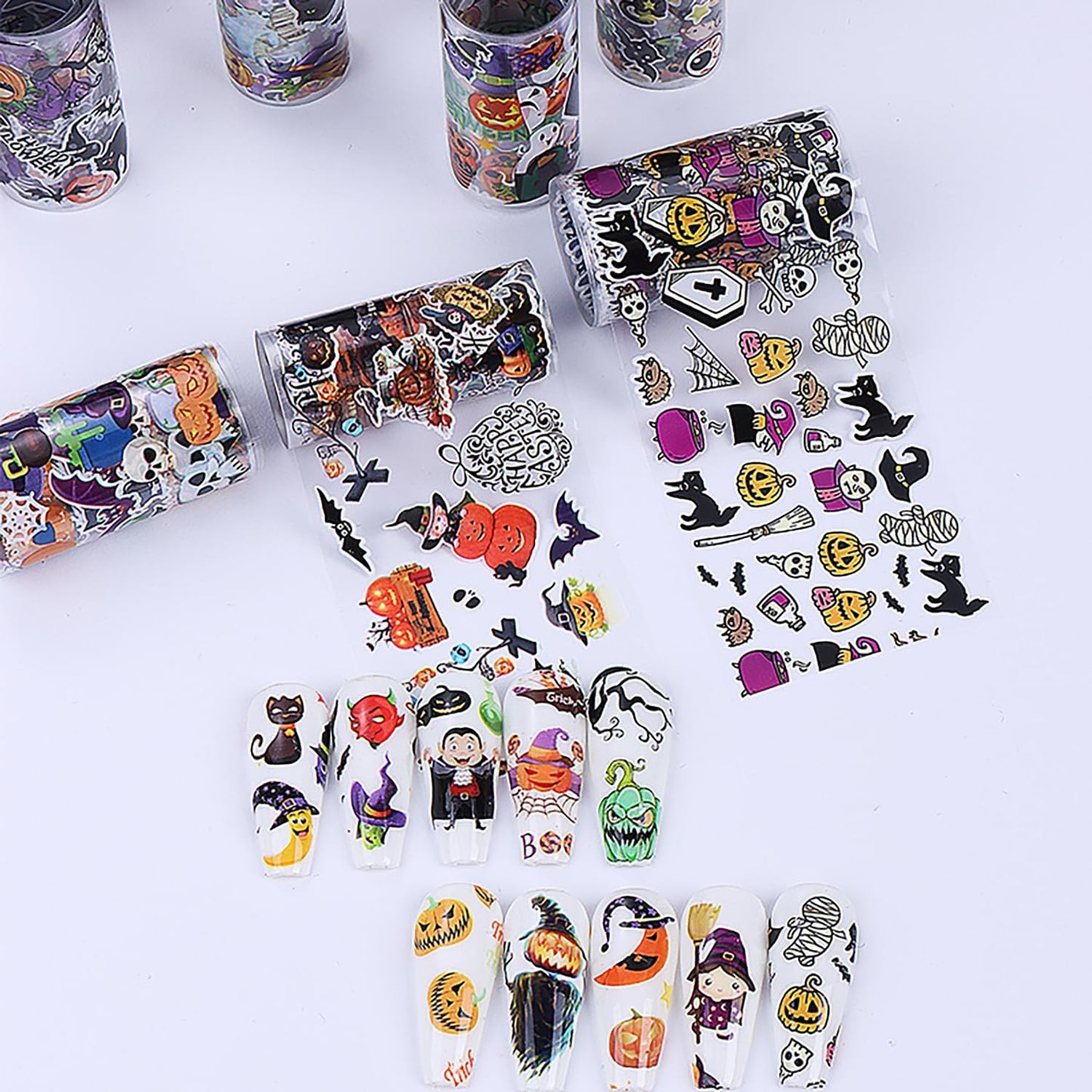 10 Rolls Halloween Nail Transfer Foil Stickers Set Halloween Theme Nail Art Foils Decals Cartoon Design Nail Foil Transfers Pumpkin Bat Ghost Skull Cat Nail Decorations for Women Manicure Supplies