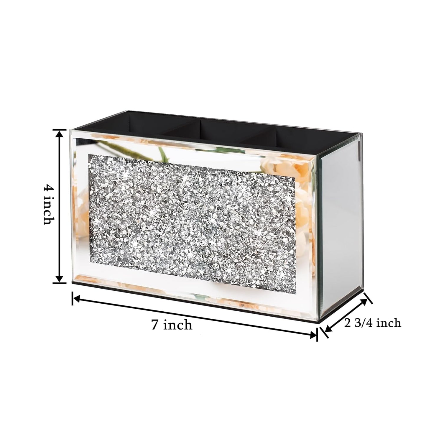 SHYFOY Mirrored Makeup Brush Holder Organizer, 3 Slot Glass Cosmetics Brushes Storage Holders with Crystal Crushed Diamond, Cute Pen and Pencil Holder for Desk, Eyeliners Display Case for Vanity