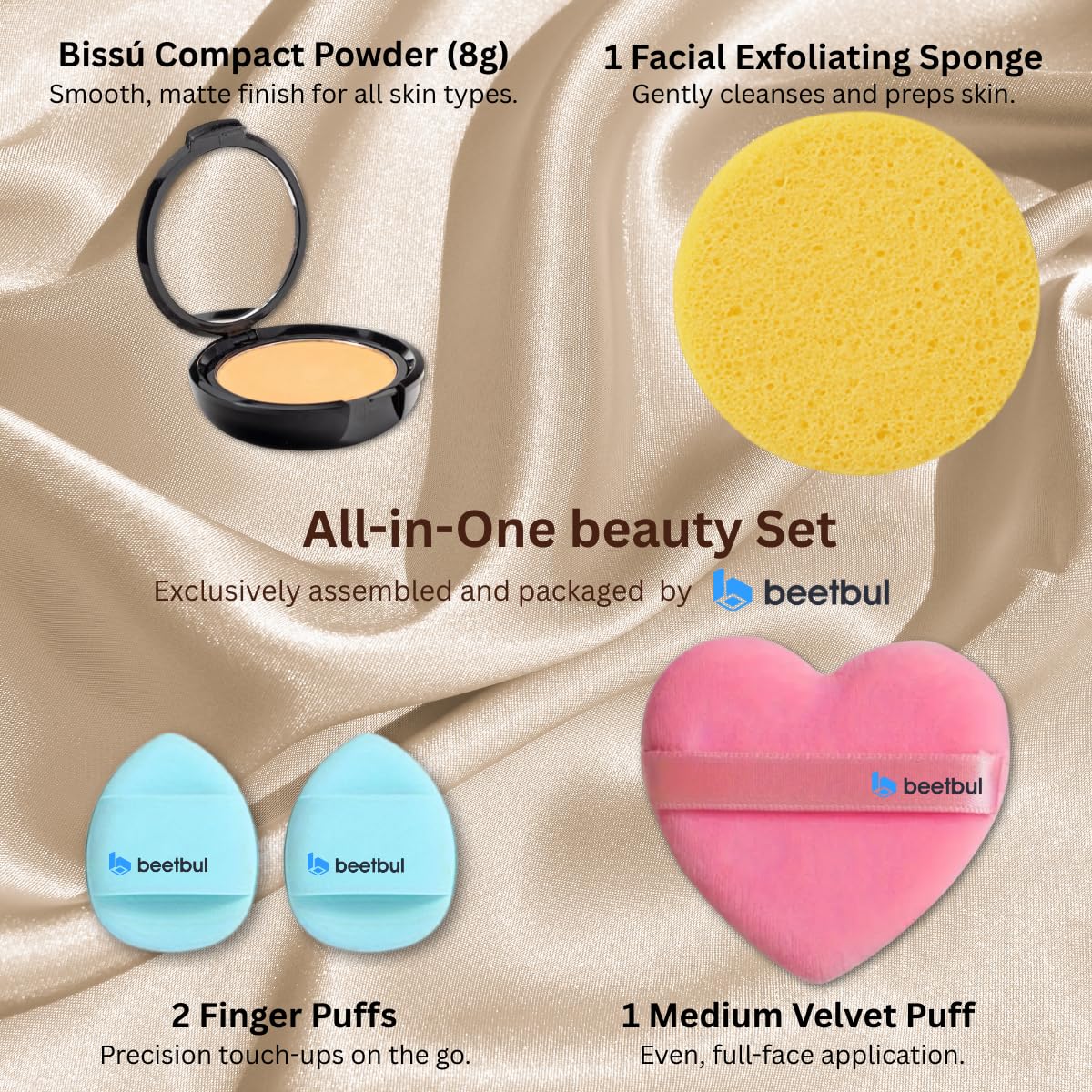 Beetbul Makeup & Exfoliation Kit - Bissú Compact Powder + 1 Medium Velvet Puff + 2 Finger Puffs + 1 Facial Exfoliating Sponge (05 Pebble, One Size)