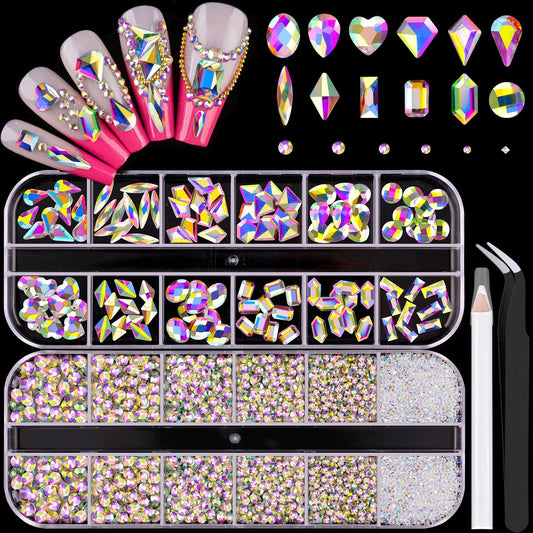 2680Pcs AB Glass Nail Rhinestones 120Pcs Multi Shapes Flatback Nail Gems + 2560Pcs 1.5-4mm Round Crystal, Manicure Nail Charms Diamond Gemstones for Acrylic Nails Decoration