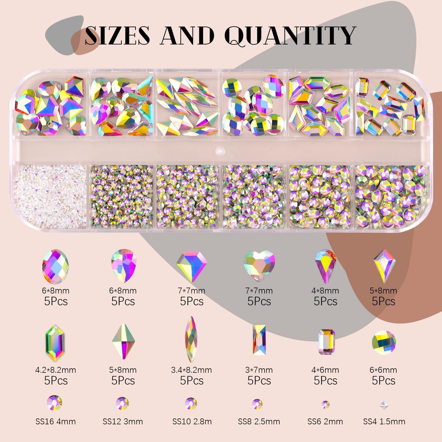 2060Pcs AB Glass Nail Rhinestones 60Pcs Multi Shapes Flatback Nail Gems + 2000Pcs 1.5-4mm Round Crystal, Manicure Nail Charms Diamond Gemstones for Acrylic Nails Decoration