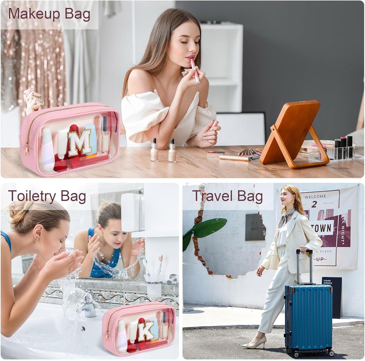 YOOLIFE Initial Travel Makeup Bag Pouch, Clear Toiletry Bag for Women Travel Accessories Cosmetic Bag Skin Care for Teen Make Up Bags Birthday Gifts for Women Unique Teacher Mom Friends Gifts Pink R