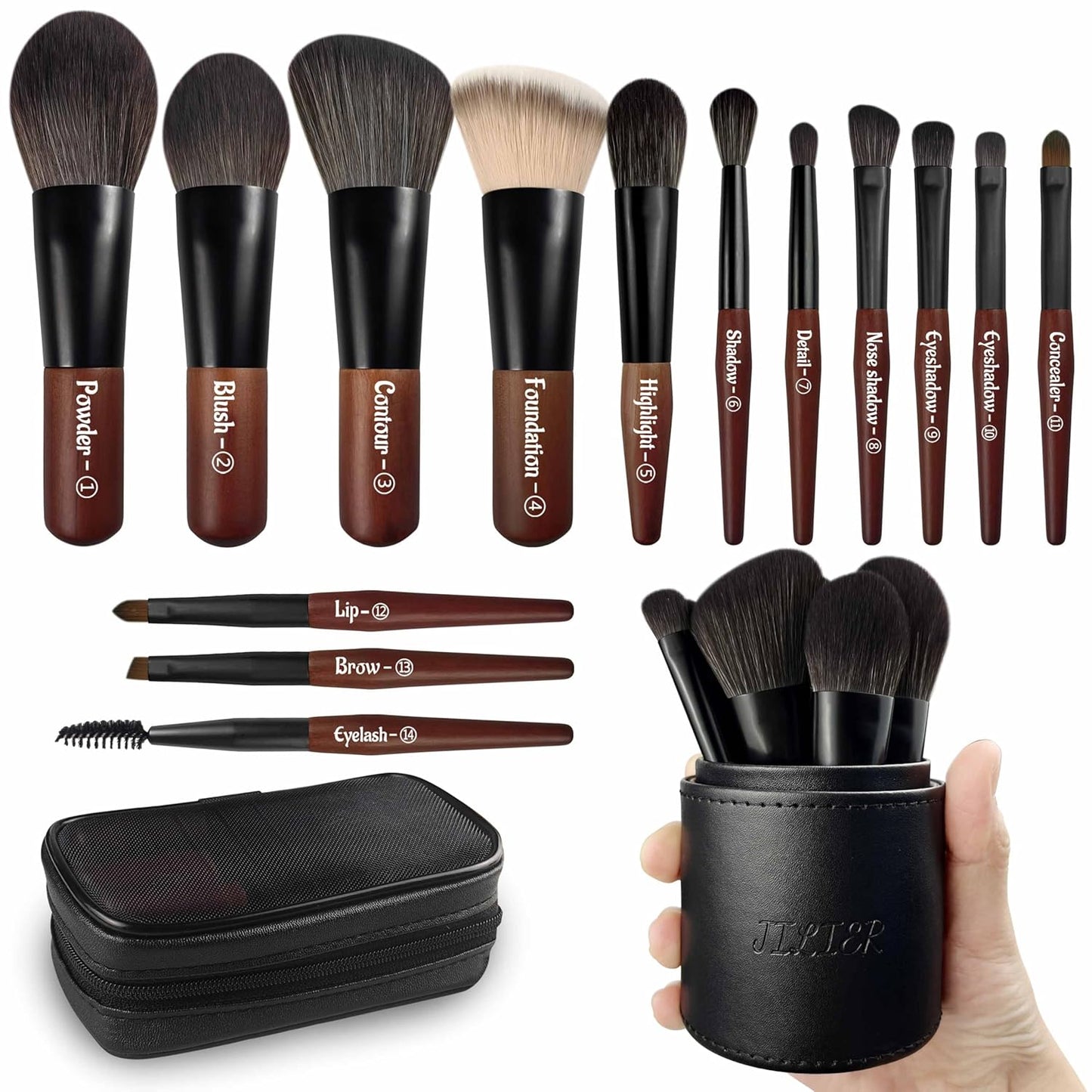 Jilier Travel Makeup Brush Set, 14 pcs Mini Makeup Brushes for Foundation, Powder, Eyeshadow, Highlight, Contour, Blush & Concealer, Small Makeup Brush Set Purse Size with Case
