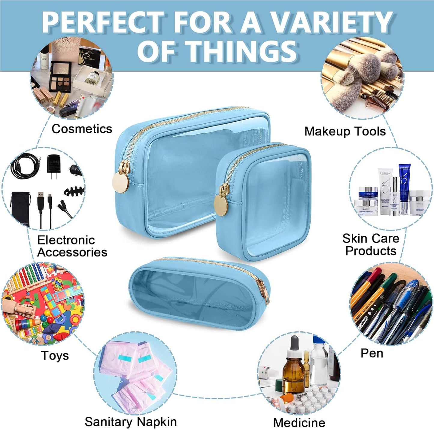 Clear Mini Makeup Bag for Purse, Small Nylon&PVC Cosmetic Travel Bag TSA Approved Toiletry Bag with Zipper, Preppy Transparent Makeup Travel Bag Coin Purse for Women Men Girls(Mini-Blue)