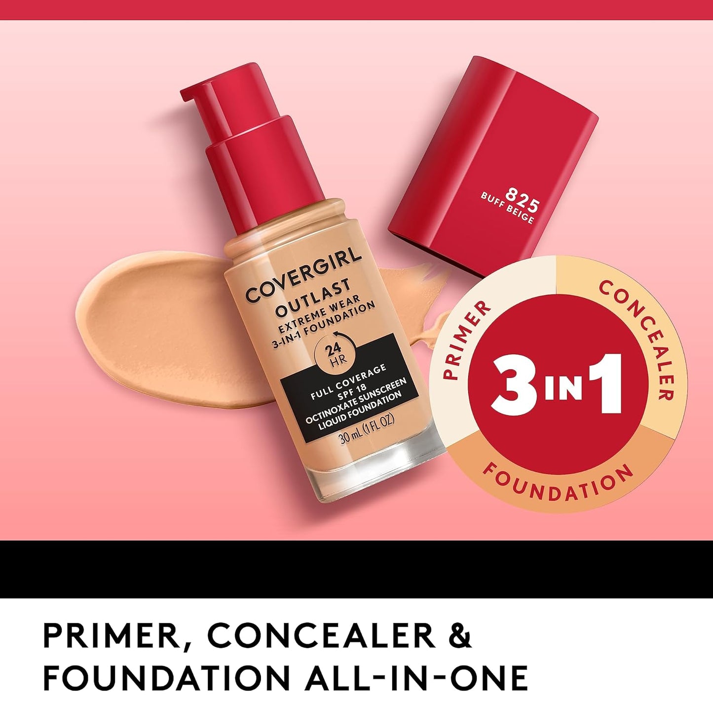 Covergirl Outlast Extreme Wear 3-in-1 Full Coverage Liquid Foundation, SPF 18 Sunscreen, Buff Beige, 1 Fl. Oz.