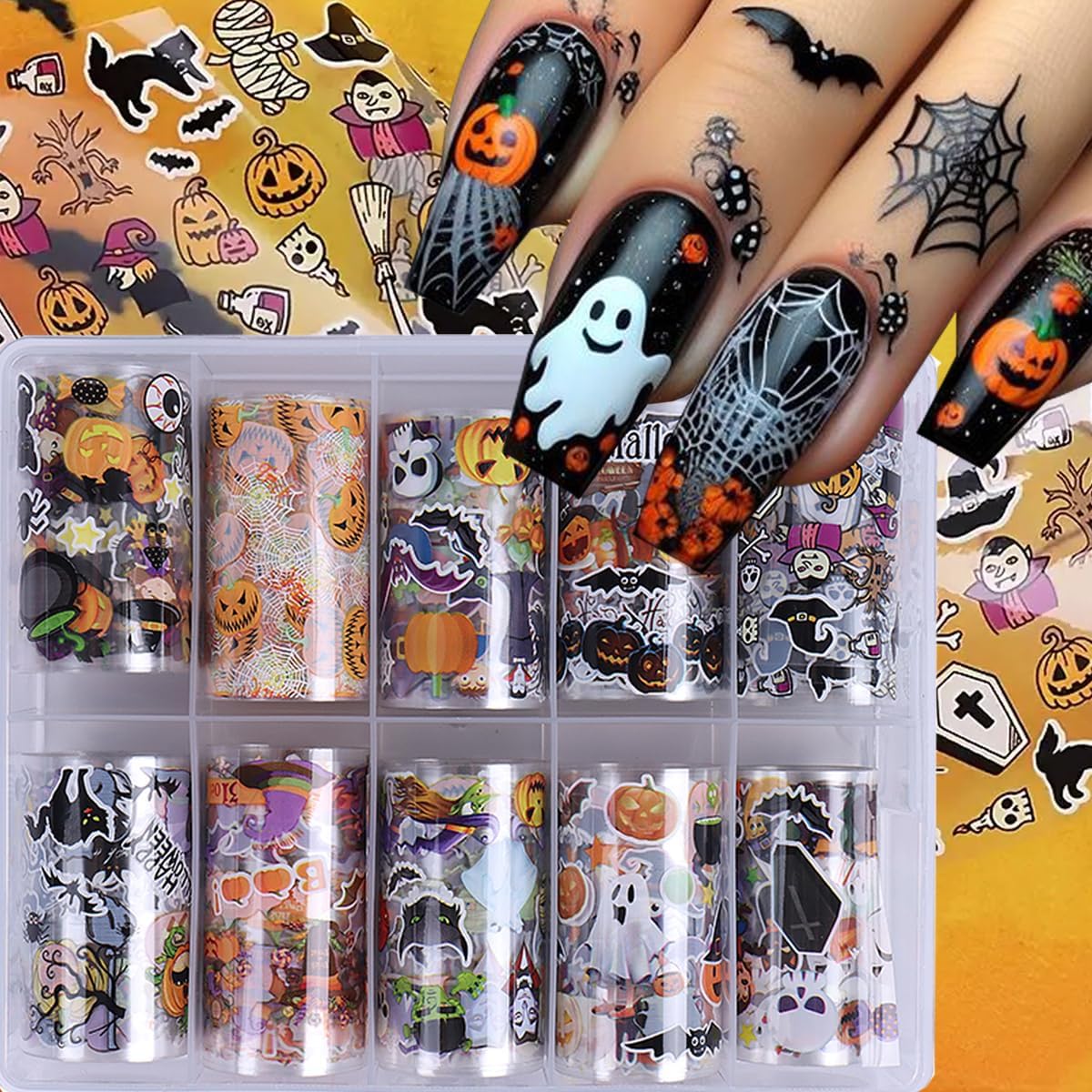 Halloween Nail Art Foils Transfer Stickers Halloween Nail Art Stickers Decals 10Rolls Pumpkin Spider Web Ghost Spider Nail Foils Adhesive Decals Nail Supplies for Women Holiday DIY Manicure Decoration
