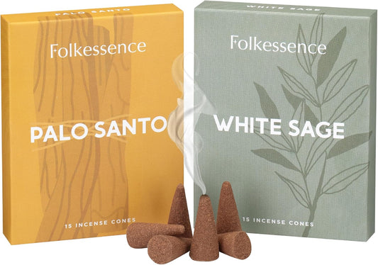 Folkulture Incense Cones Scented, Set of 2 Inscents-Cones (30 Cones), Natural Fragrances - White Sage Insence Cones for Relaxation, Aromatherapy, Palo Santo & White Sage