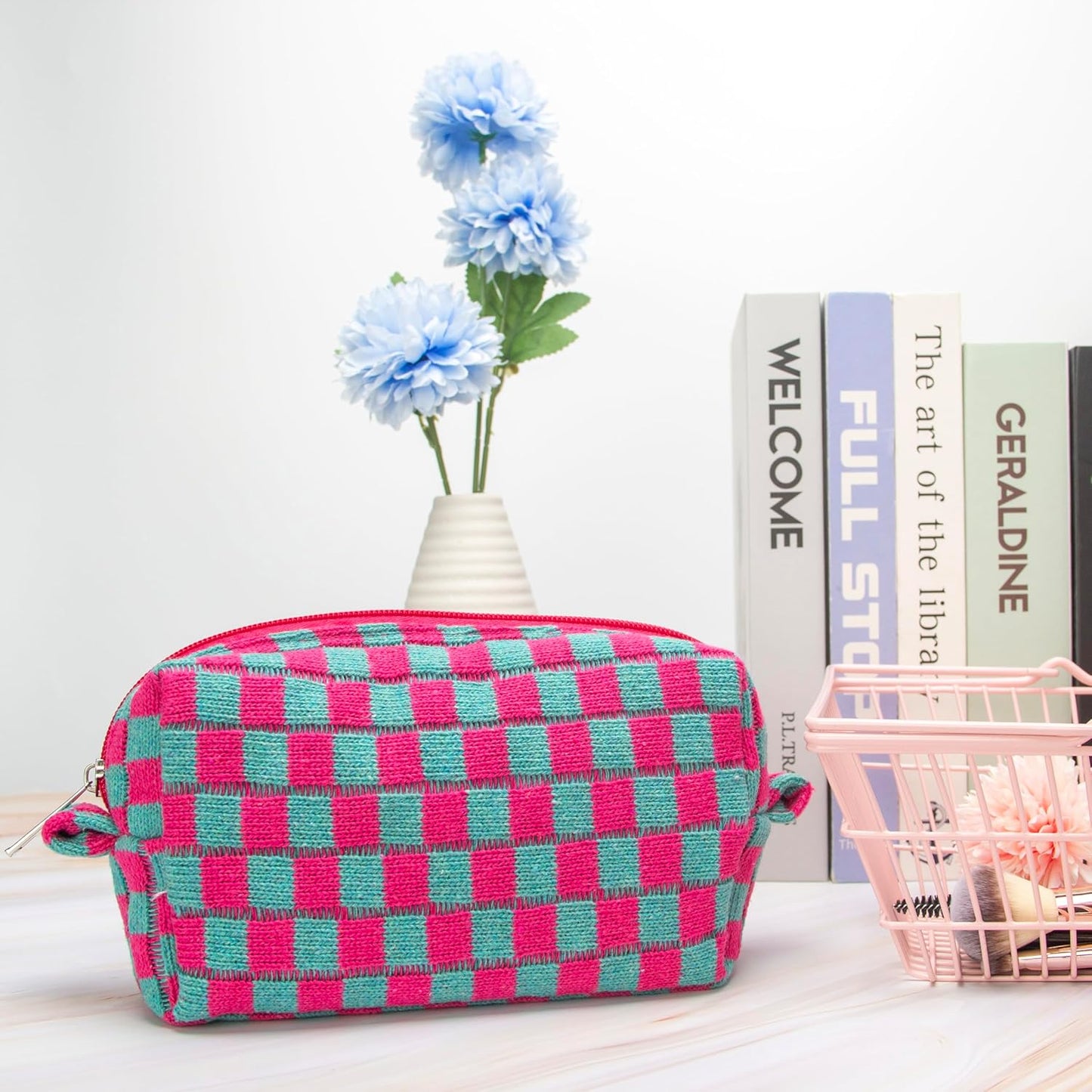 PAZIMIIK Checkered Makeup Bag for Purse Portable Zipper Make Up Pouch Small Cosmetic Case for Travel Accessories Magenta Green