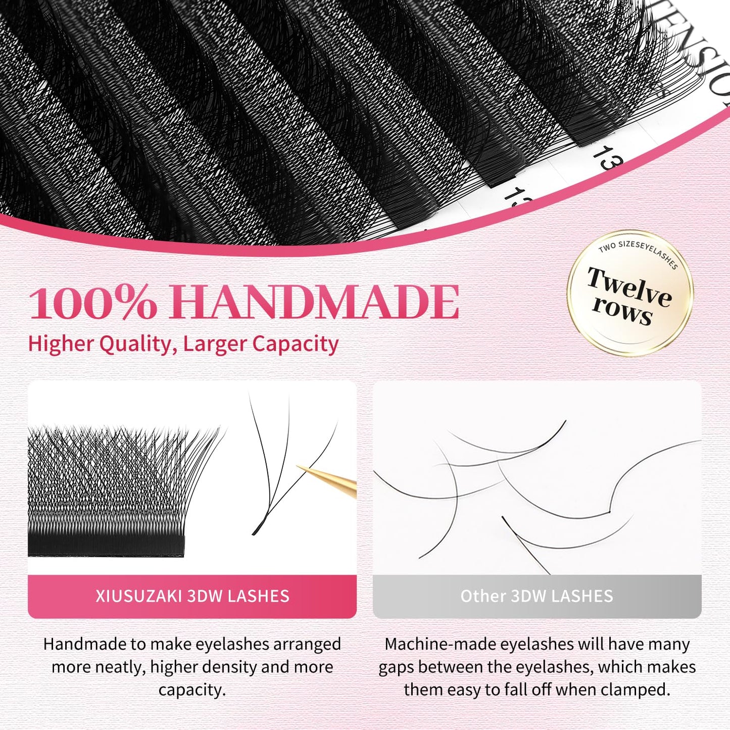 W Lash Extensions Supplies 3D Eyelash Extensions W Shape 0.07mm Thickness D Curl 15mm Premade Fans Easy Fan Lashes Volume Matte Black 12 Rows Crisscross Eye Lashes(W-3D-0.07-D,15mm)