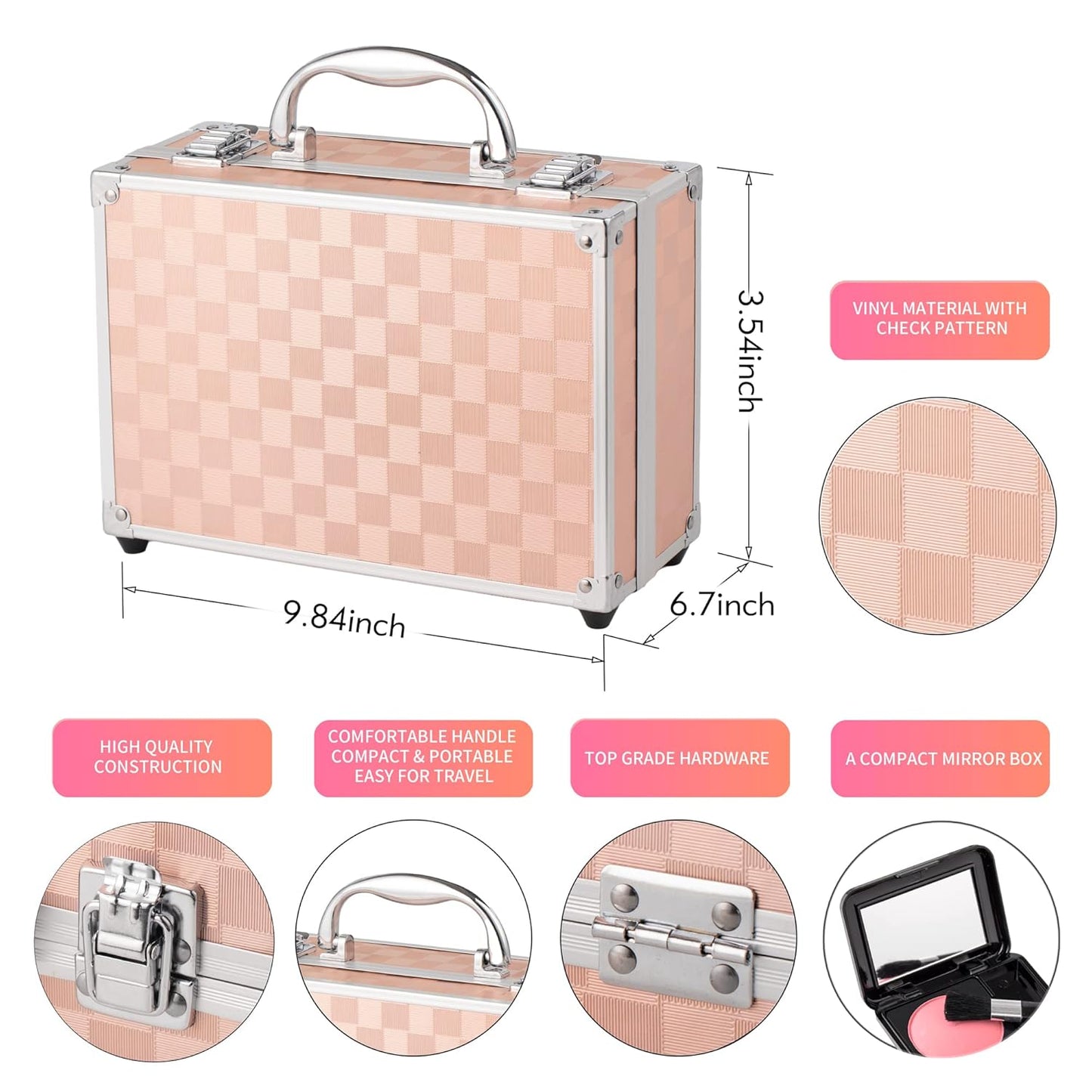 Hot Sugar Makeup Kit for Teenager Girls - Full Starter Cosmetics Set with Eye Shadow Lip Balm Blush Lip Gloss Brush Lip Pencil Eye Pencil and Mirror (Gold Check)