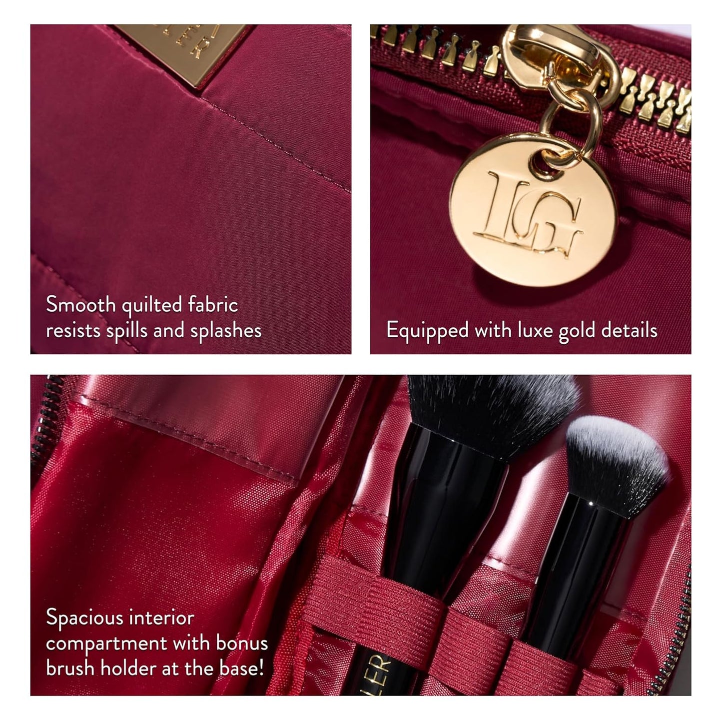 LAURA GELLER NEW YORK Quilted Makeup Bag with Brush Case, Burgundy - Toiletry Bag Organizer for Travel - Large Capacity Full Size Makeup Bag - Easy to Clean