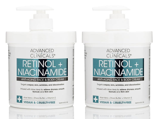 Advanced Clinicals Retinol Body & Face Lotion W/Niacinamide, Dry Skin Face Moisturizer & Crepey Skin Care Treatment, Anti Aging Retinol Cream Reduces Look Of Wrinkles, Sagging Skin, & Age Spots, 2PC
