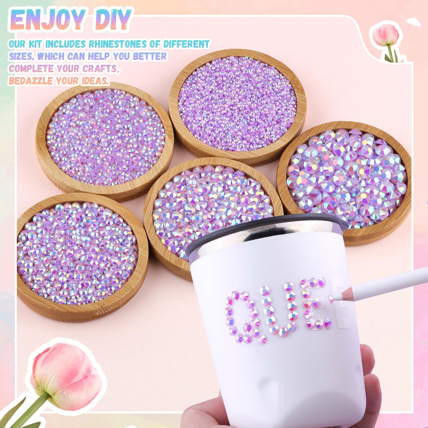25000Pcs Resin Jelly Rhinestones with Tweezers for Crafting, 2-6mm Mixed Sizes (Lavender Purple AB) Non Hotfix Flatback Gems, Bedazzling Crystal for DIY Crafts Clothing Tumblers Shoes Decor Nail Art