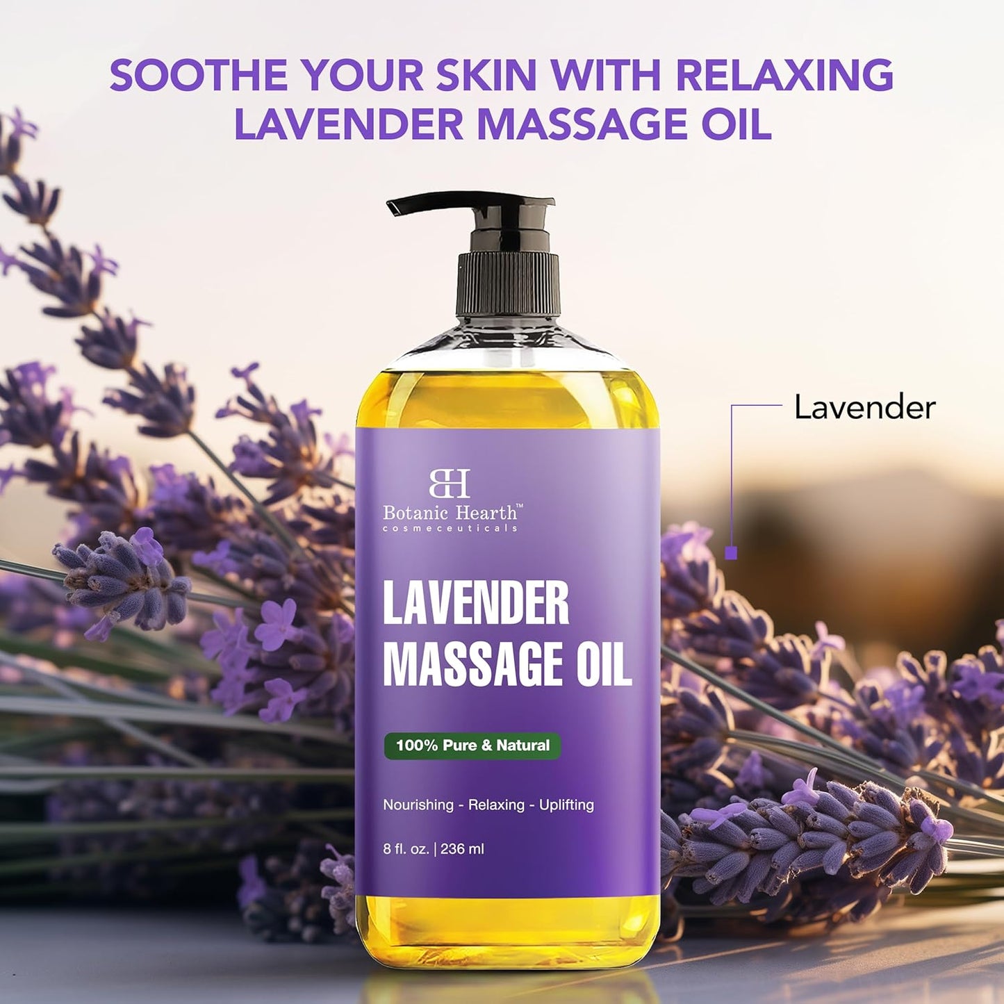 Lavender Massage Oil with Pure Lavender Oil (8 Fl Oz) Skin Tightening Massage Oil for Massage Therapy and Instant Absorption for Bum Thighs and Belly by Botanic Hearth