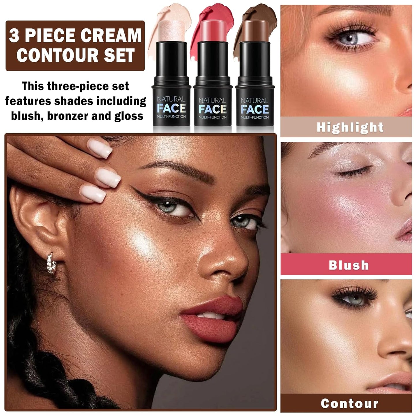 3PCS Cream Contour Stick Makeup Kit Face Highlighter Bronzer Blush Stick Long Lasting Illuminator Highlighters Makeup Stick for All Skin Tones(02 Champagne Gold+05 Rugosa Rose+06 Espresso)