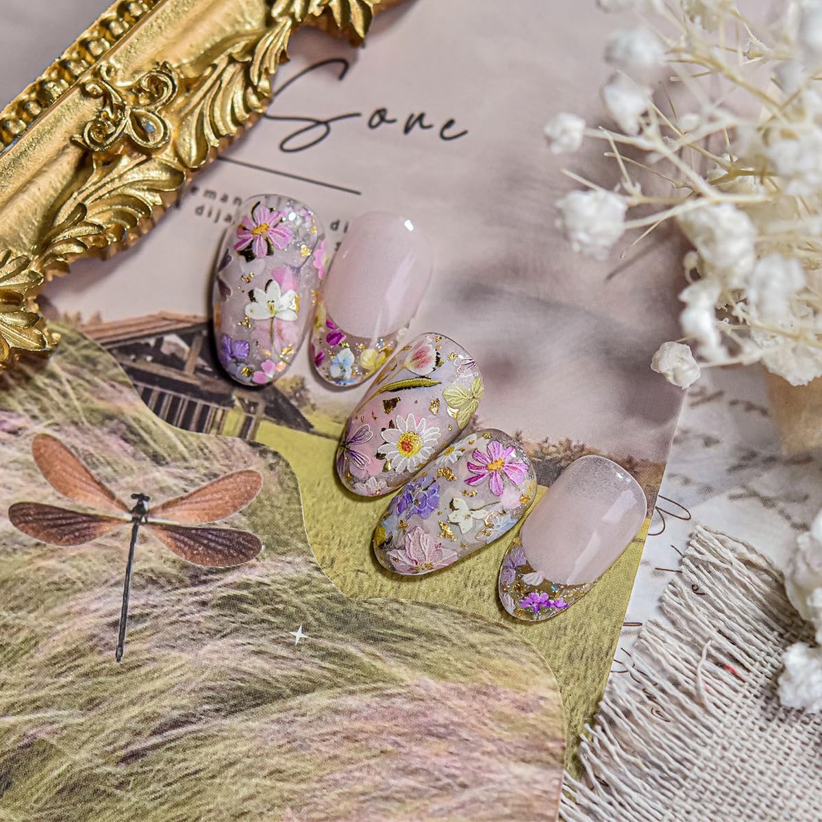 Flower Nail Stickers for Nail Art Floral Nail Decals with Gold Accent,Mini Flower Stickers for Nails Design 3D Self Adhesive Nail Supplies & Decorations for Women Girls,1 Sheet DIY Manicure Decor