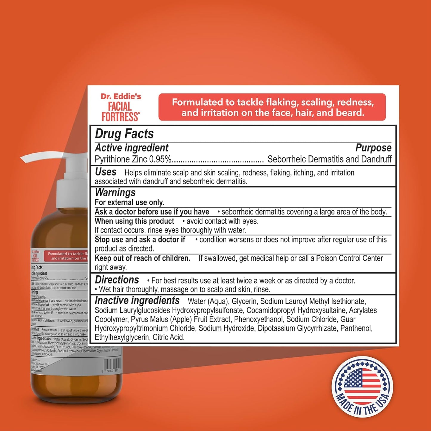 Dr. Eddie's Facial Fortress 3 in 1 Face, Hair, & Beard Wash - Beard Dandruff Shampoo for Men, Beard Cleanser, Face Wash, Beard Care, Face Soap with Pyrithione Zinc - 8 Fl Oz (Pack of 1)