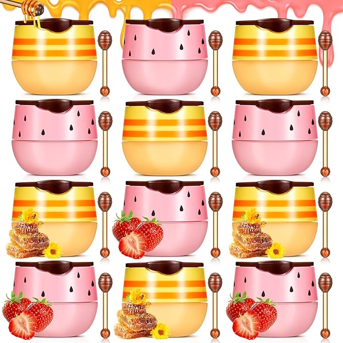 12 Pcs Bee Lip Balm Honey Pot with Brush Propolis Lip Mask Overnight, Moisturizing Hydrating Lip Sleeping Mask Prevention Dry and Cracked(Honey+Strawberry)