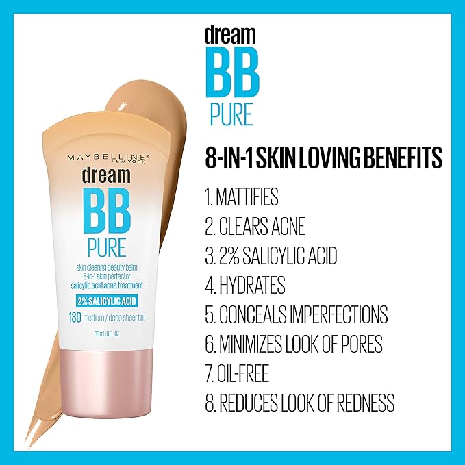 Maybelline Dream Pure Skin Clearing BB Cream, 8-in-1 Skin Perfecting Beauty Balm With 2% Salicylic Acid, Sheer Tint Coverage, Oil-Free, Medium/Deep, 1 Count